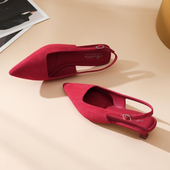 Women's Red Suede Pointed Closed Toe Slingback Kitten Heels Pumps Party Shoes - Picture 9 of 9